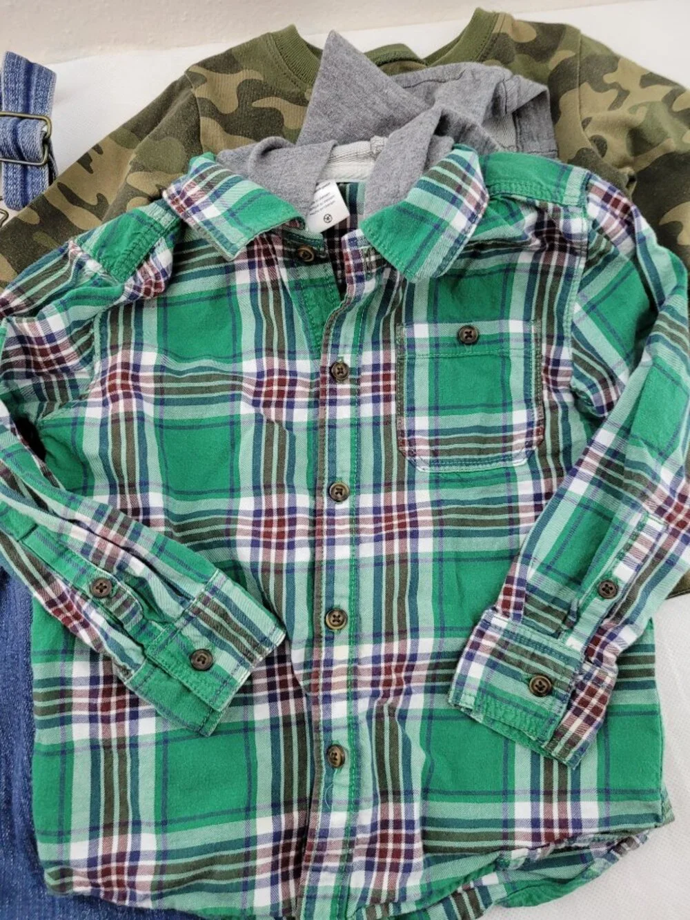 Boys 3 Lot of Carters Flannel Hoodie Garanimals Shirt, OshKosh Bib Overall Jeans